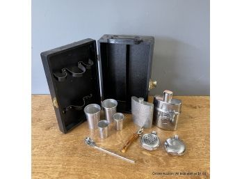 Assorted Barware Including Flasks, Cups, Jiggers, Travel Case