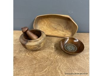 Wood Mortar And Pestle And Two (2) Shallow Bowls