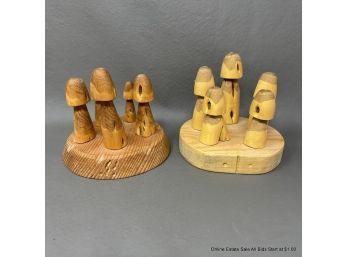 Two Hatterbaugh Carvings Of Mushrooms On Stand