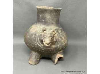 Late Mayan Post- Classical Vessel With Animal Head Detail