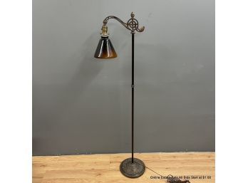 Copper Toned Floor Lamp With Brown Glass Shade