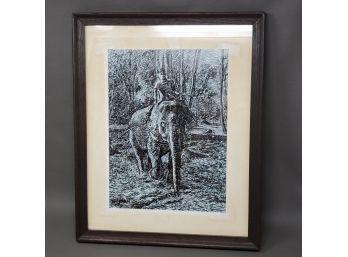 Pen & Ink Of Elephant In Frame Signed Nipon Thailand