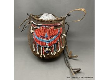 Vintage African Woven Basket With Beads And Cowrie Shells With Leather Handle