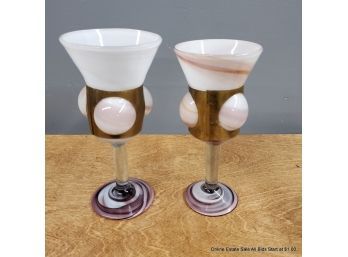 Pair Of Blown Glass And Brass Goblets