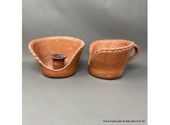 Pair Of Terra Cotta Handled Candle Holders