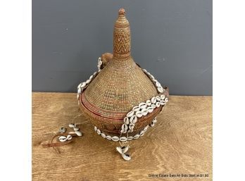 African Woven Lidded Basket With Cowrie Shell Handle