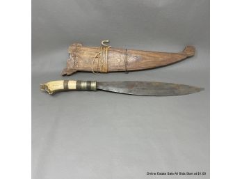 Antique Barong Sword Filipino Muslim Bolo Knife With Bone Handle In Carved Wood Sheath