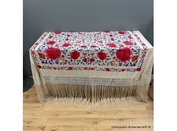 Antique Silk Embroidered Square Tablecloth 51 X 51 Inches