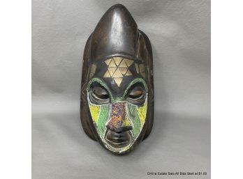 Carved And Beaded African-style Mask With Brass Inlay