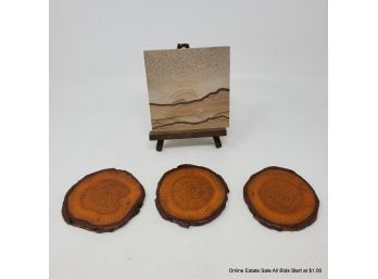 One Sandstone Slab On Easel And Three (3) White Oak Slab Coasters
