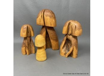 Four Wood Mushrooms Marked Hattabaugh Carvings