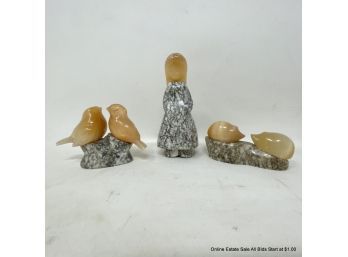 Lot Of Three (3) Marble And Orange Calcite Sculptures