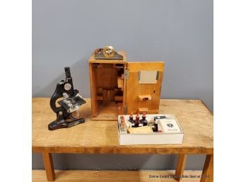 Vintage Ernst Leitz Wetzlar Microscope With 1/12OEL,  6L , 3 Lenses In Wood Box With Accessories