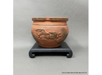 Chinese 3.75' Terra Cotta Bonsai Pot With Dragon Design On Stand