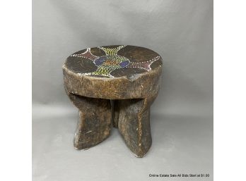 Carved Wood African Stool With Inset Beads