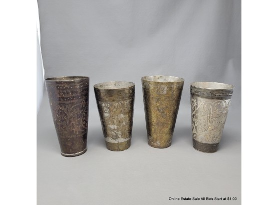 Four Engraved Tin Tumblers From India