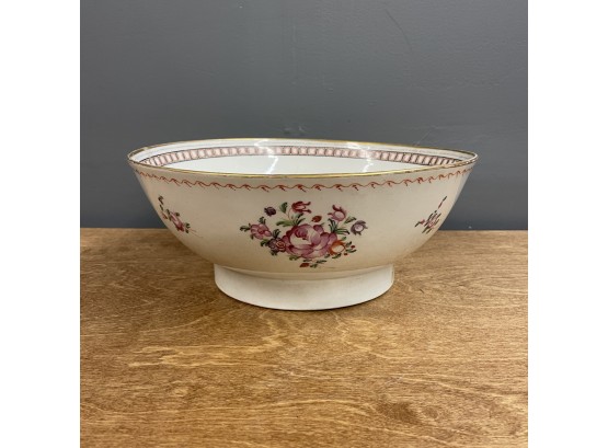 Chinese Porcelain Famille Rose Punch Bowl With Gold Rim And Hand-Painted Floral Designs