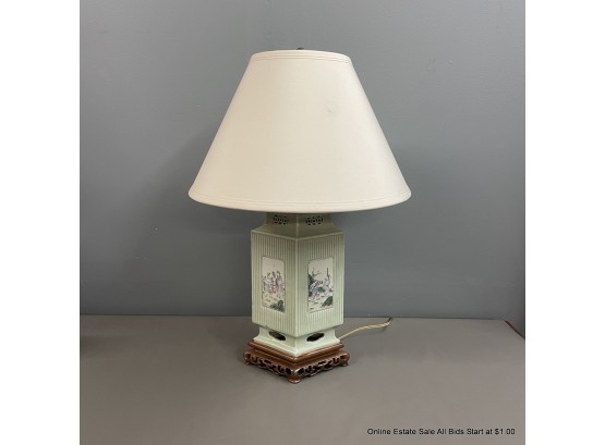 Chinese Famille Rose Porcelain Converted Table Lamp With Hand-painted Designs & Ivory Empire Shade