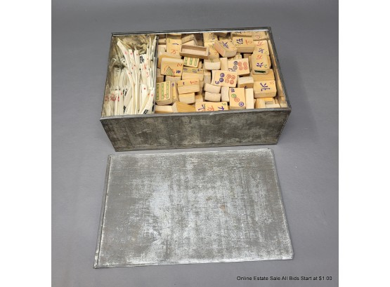 Bamboo And Bone Mahjong Pieces In Tin Box