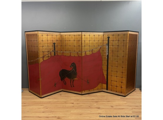 Japanese -style Six-panel Privacy Screen With Hand-painted Equine Design On Gold-foil Background