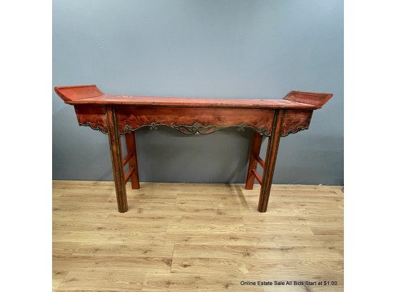 Chinese-Style Red Altar Table With Flared Sides And Carved Apron With Scrolling Designs