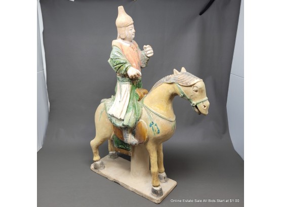 Ming Dynasty Form Terracotta Horse And Rider With Polychrome Decoration