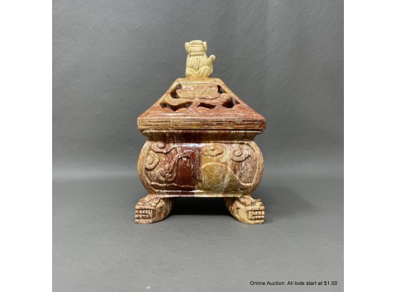 Carved Hardstone Lidded Box With Pierced Lid