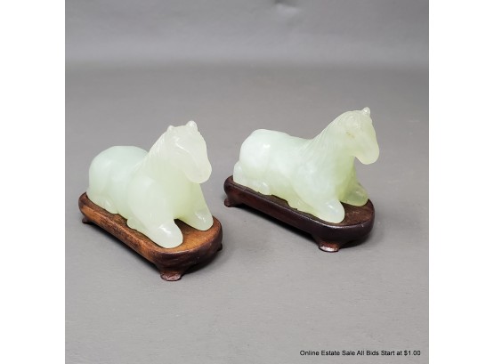 Two Recumbent Nephrite Jade Horses On Stands