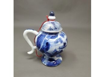 Hand Painted Blue And White Chinese Handled Vessel