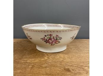 Chinese Porcelain Famille Rose Punch Bowl With Gold Rim And Hand-Painted Floral Designs