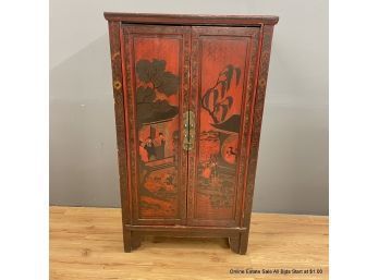Chinese Red Lacquer Wedding Cabinet With Hand-painted Figural And Architectural Designs