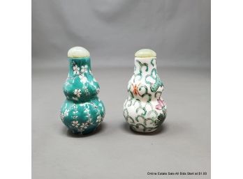 Two Chinese Porcelain Floral Design Snuff Bottles With Jade Stoppers