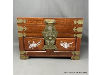 Asian Wood Jewelry Box With Inlaid Mother Of Pearl And Brass Details