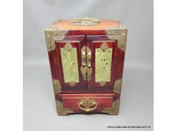 Chinese Wood And Jade Jewelry Box With Silk Lined Drawers