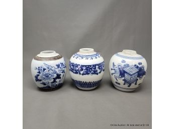 Three Chinese Blue And White Porcelain Ginger Jars No Lids