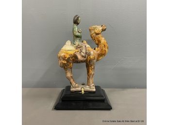 Tang Style Camel And Rider Figurine Sculpture With Custom Wood Base