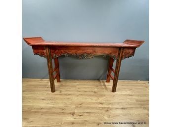 Chinese-Style Red Altar Table With Flared Sides And Carved Apron With Scrolling Designs