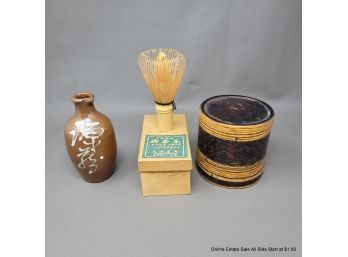 Tea Wisk, Saki Container, And Lidded Box