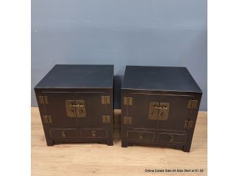 Pair Of Chinese Ebonized Side Tables With Patinated Brass Hardware