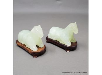 Two Recumbent Nephrite Jade Horses On Stands