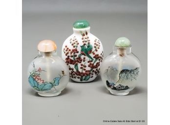 Three Chinese Snuff Bottles One Porcelain Two Glass
