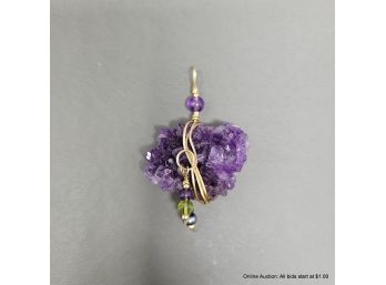 14K Yellow Gold Wire Wrapped Amethyst And Pearl Pendant