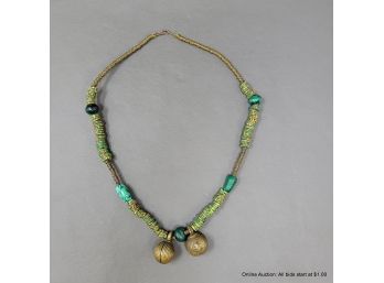 Trade Bead Necklace With Malachite And Brass Bell Beaded Necklace