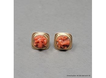 Coral And 18k Yellow Gold Post Back Earrings 4.4 Grams