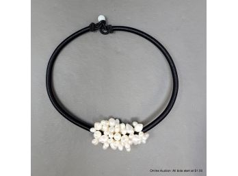 Pearl Cluster Choker Necklace On Black Wrapped Cord