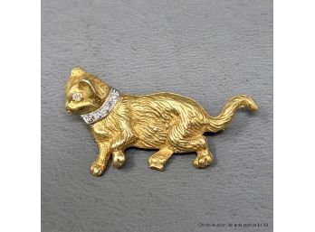 18K Yellow Gold And Diamond Cat Pin 9.22 Grams