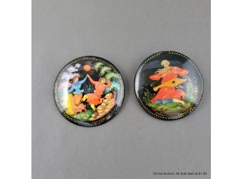 Two Vintage Hand-painted Russian Lacquer Pins Signed