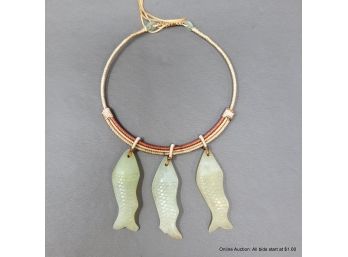 Three Nephrite Fish Pendants Woven On Corded Necklace