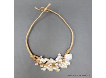 Freshwater Blister & Baroque Pearl Cluster Choker Necklace Woven With Natural Grass