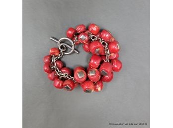 Chunky Red Coral And Sterling Bracelet